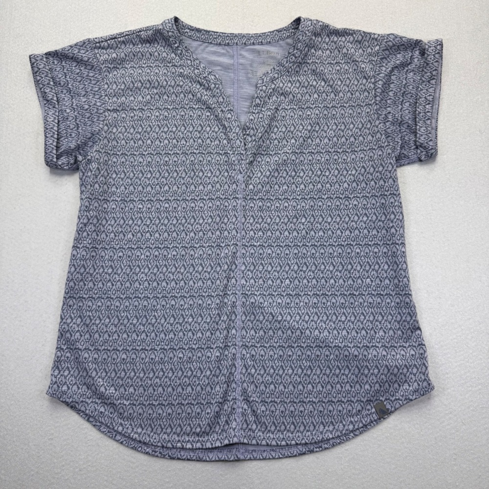 LL Bean Womens Blue Geometric V-Neck Short Sleeve Tunic Top Size L 504879